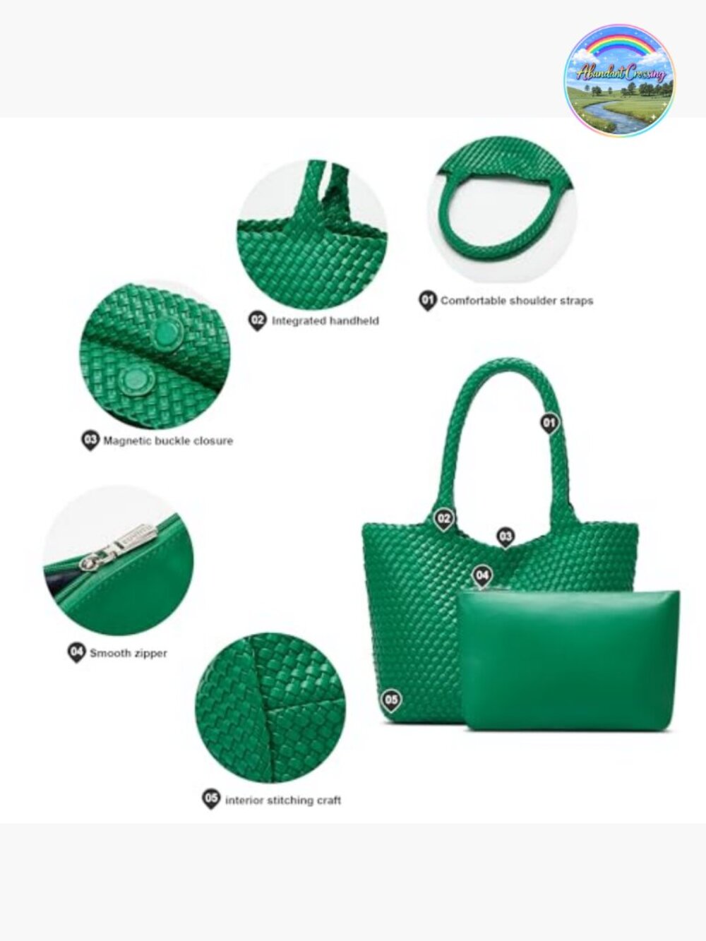 Vegan Leather Woven Tote Bag with Detachable Zipper Clutch - Picture 5 of 7